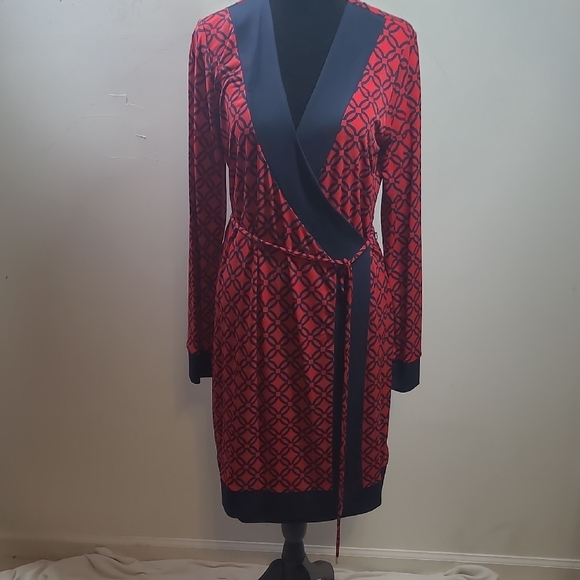 Michael Kors Red and Blue Geometric Long Sleeve Dress - Picture 1 of 5